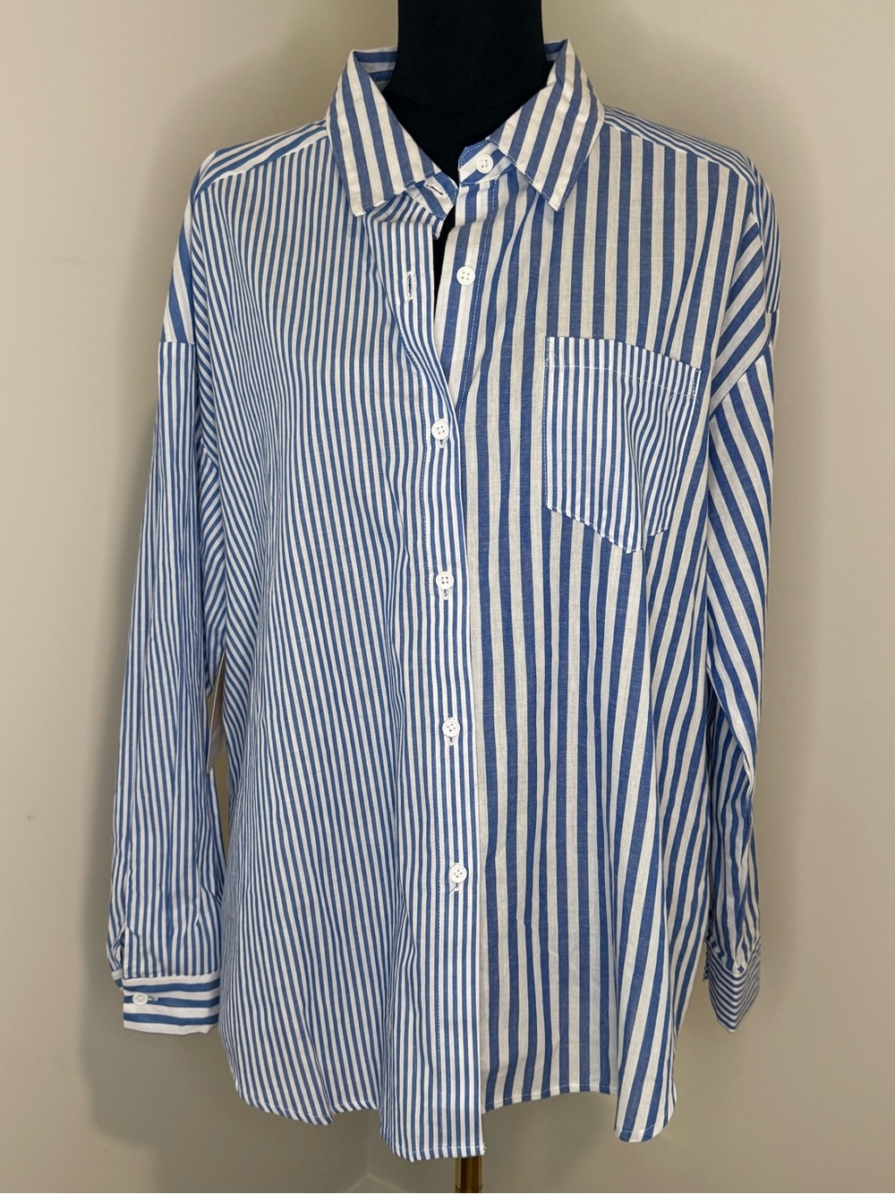 New  In (L) Blue and White Striped Button-Up Shirt